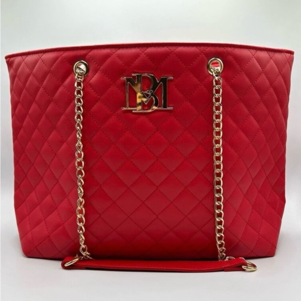 Badgley Mischka Red Quilted Tote Bag with Gold Chain